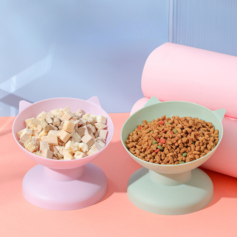 Cat Bowl High-Foot Bowl Kitten Special Neck Protection Firm Anti-Overturning Plastic Bowl Candy Color Cat Food Dog Food Bowl